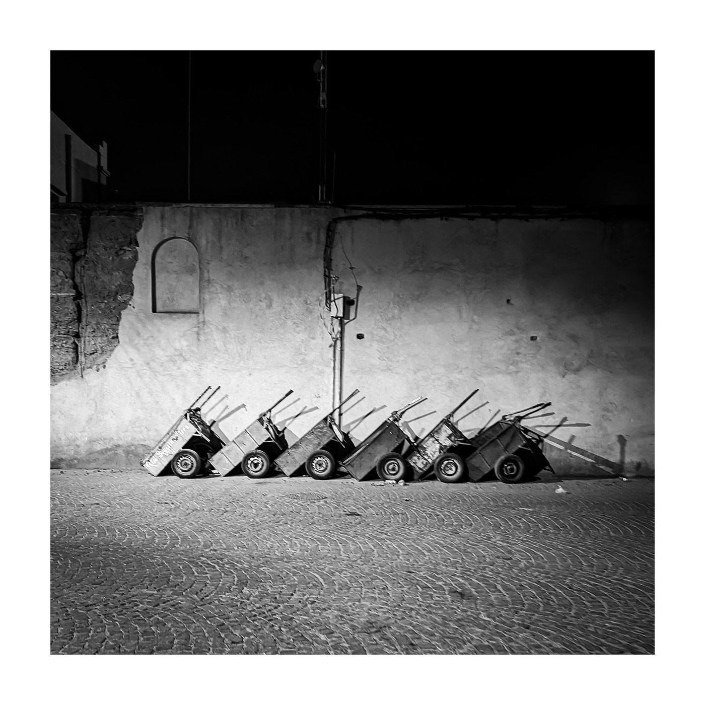 "Carts at Rest", Casbah, Marrakech, Apr 2024

#photography #casbah #marrakech #morroco #blackandwhite  #CasbahNight #NightPhotography #HistoricCasbah
